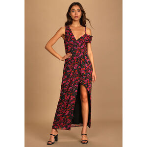 Lulus With A Flourish Black Floral Print Off-the-shoulder Maxi Dress - Size M